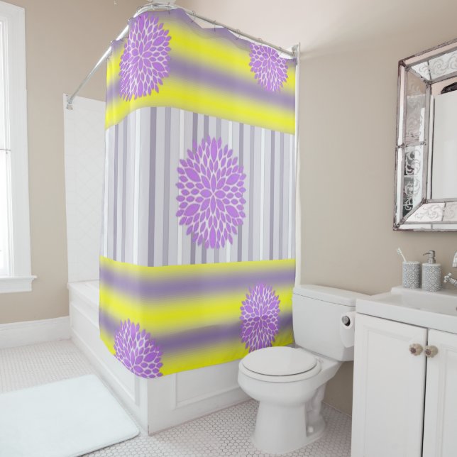 Shower Curtain Yellow Purple Floral Stripe (In Situ)