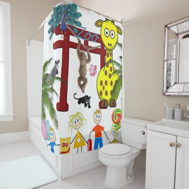 Shower Curtain Zoo Giraffe Peacock Monkey (In Situ)
