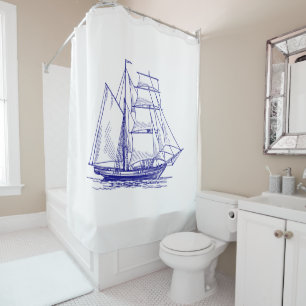 shower curtian chic nautical blue sailing ship  curtain