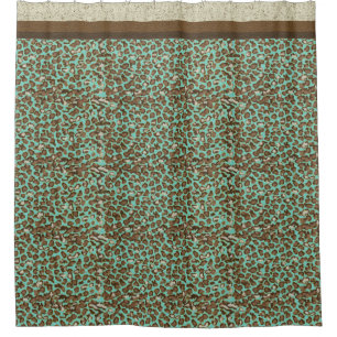 Shower Decor Hand Painted Snow Leopard Turquoise Curtain