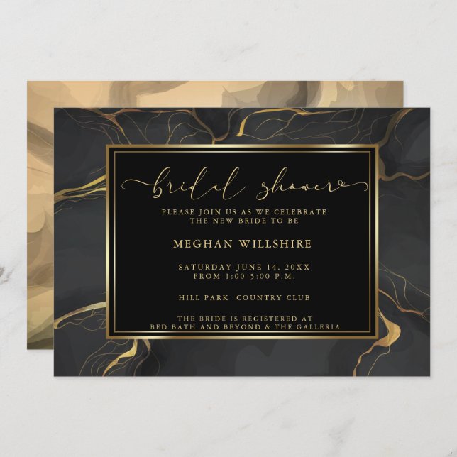 SHOWER | Elegant Black and Gold Marble Invitation (Front/Back)