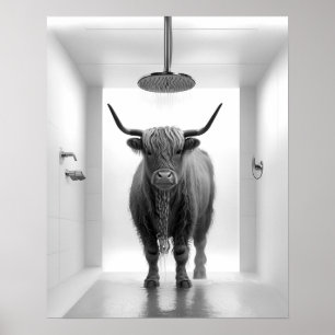 Shower Highland Cow Bathroom Black and White Poster