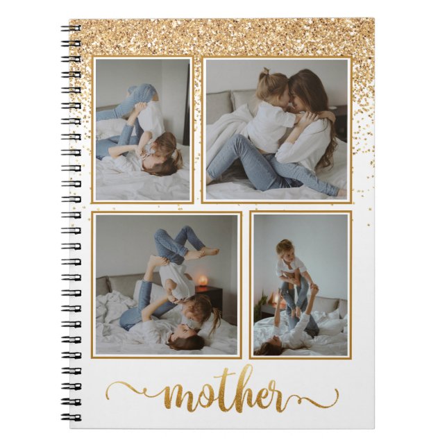 Shower of Gold Glitter 4 Photo Collage Mother Notebook (Front)