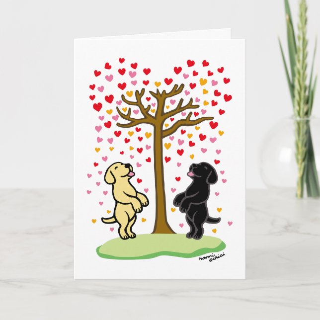Shower of Hearts Yellow and Black Labs Valentine Holiday Card (Front)