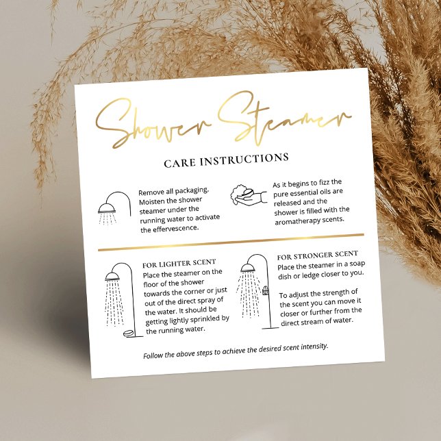 Shower Steamer Fizzer Care Guide White & Gold Logo Square Business Card (Elegant shower steamer instructions cards with care icons and faux gold effects)