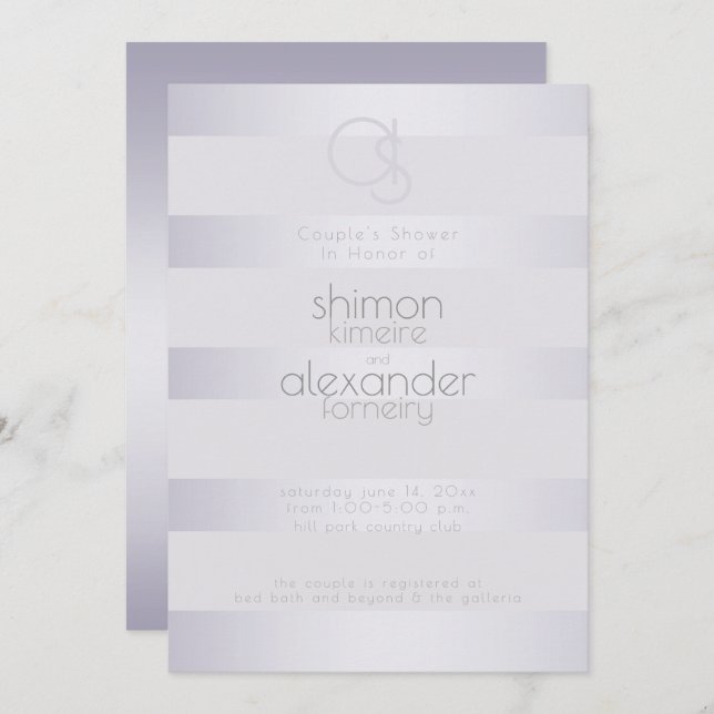 Shower | Violet Silver Shimmer Stripes Monogram Invitation (Front/Back)
