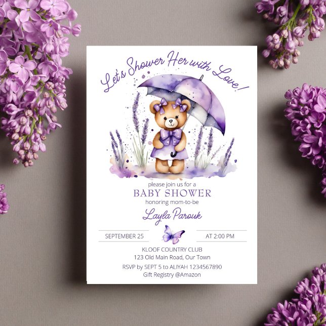 Shower with love cute teddy bear baby shower invitation (Shower with love cute teddy bear purple dress umbrella baby shower template invitation digital downl)