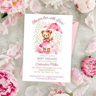 Shower with love girl teddy bear baby shower invitation