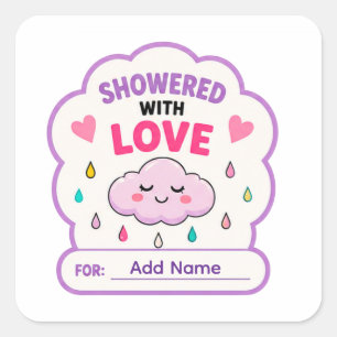 ☁️ Showered With Love Baby Shower Name ☁️ Square Sticker