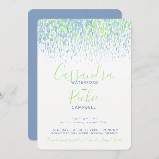 Showering cascade blue green art wedding invitation (Front/Back)