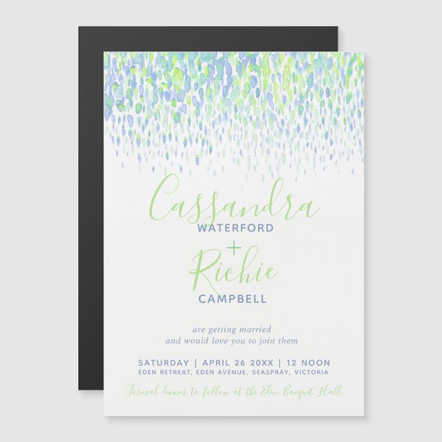 Showering cascade green blue art wedding magnetic invitation (Front/Back)