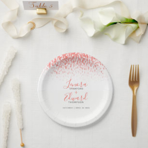 Showering cascade living coral grey art wedding paper plate