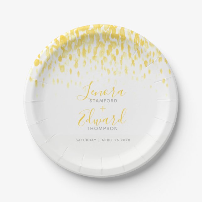Showering cascade yellow grey art wedding paper plate (Front)