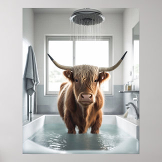 Showering Scottish Highland Cow Bathroom Art Print