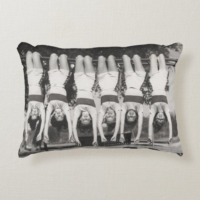 Showgirls on monkey bars, playful design. decorative cushion (Front)
