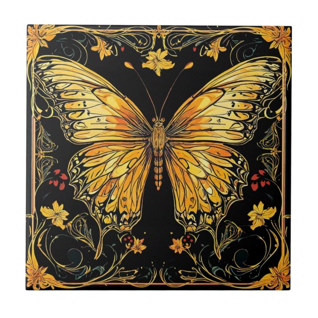 Showy Art Deco Nouveau Butterfly Ceramic Tile (Front)