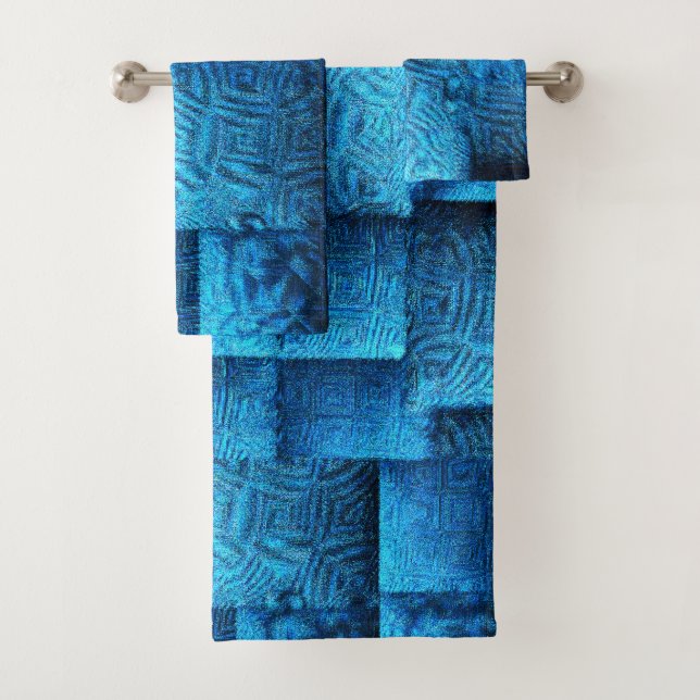Showy blue squares with abstract tribal design bath towel set (Insitu)