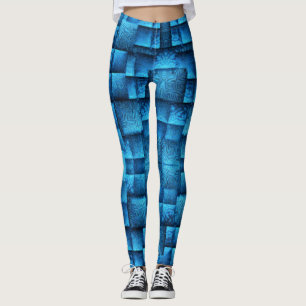 Showy blue squares with abstract tribal drawings leggings