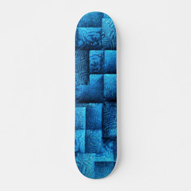 Showy blue squares with abstract tribal drawings skateboard (Front)