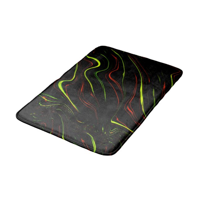 Showy green and red long wavy traces on black fund bath mat (Angled)