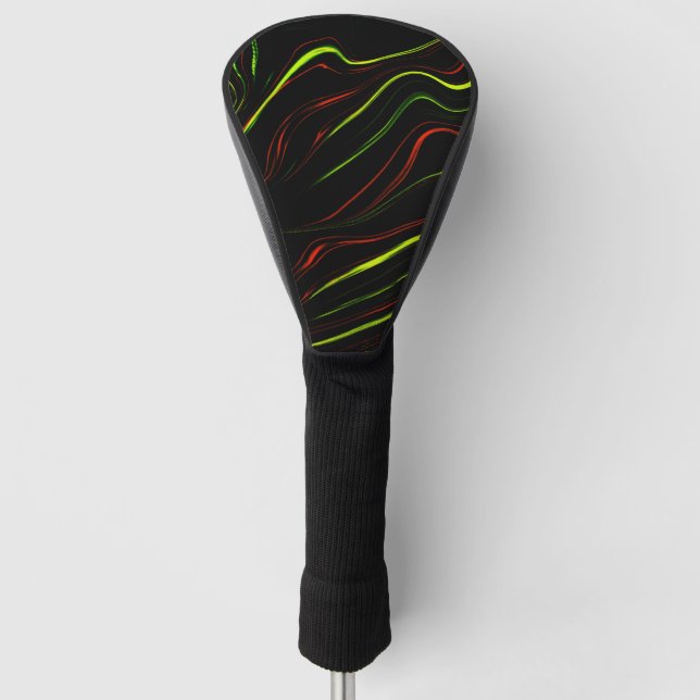 Showy green and red long wavy traces on black fund golf head cover (Front)