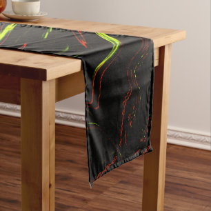 Showy green and red long wavy traces on black fund short table runner