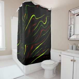 Showy green and red long wavy traces on black fund shower curtain
