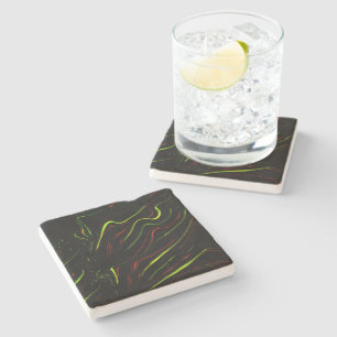Showy green and red long wavy traces on black fund stone coaster