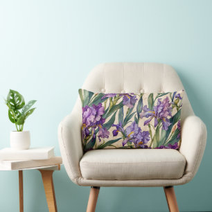 Showy Purple Iris on Ecru Scroll Lumbar Cushion