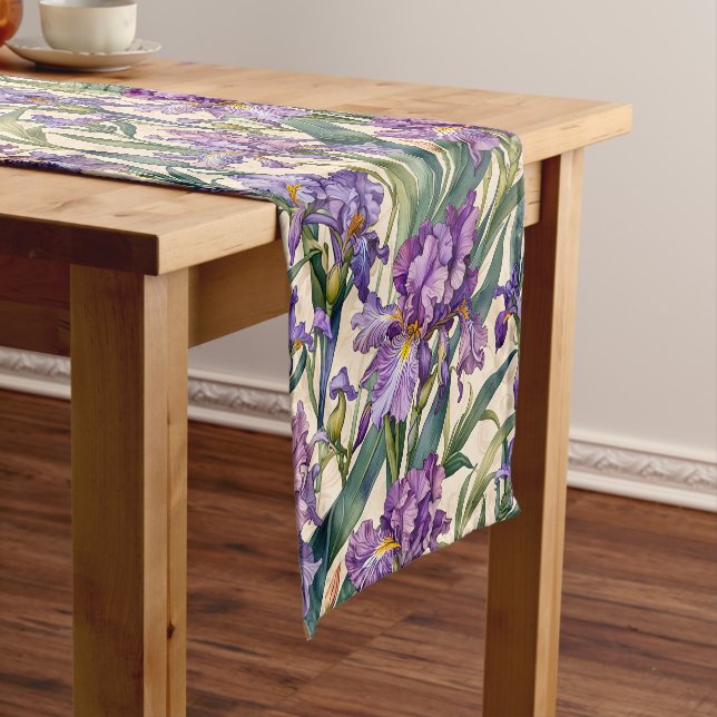 Showy Purple Iris on Ecru Scroll Short Table Runner (In Situ)