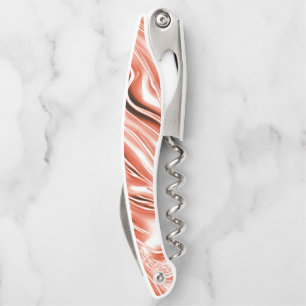 Showy salmon to red long wavy traces on white fund corkscrew