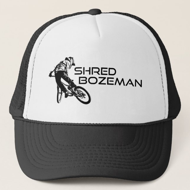 Shred Bozeman Montana Mountain Biking Trucker Hat (Front)