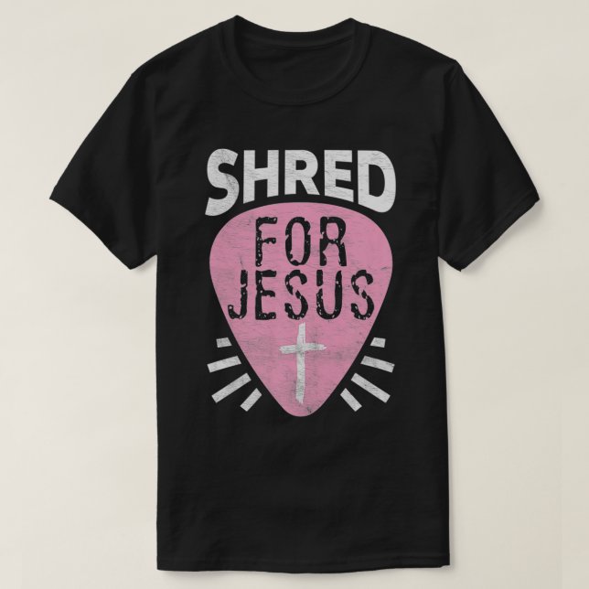 Shred For Jesus Christian Rock Heavy Metal Guitari T-Shirt (Design Front)