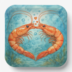 Shrimp Kissing Underwater with Hearts Paper Plate