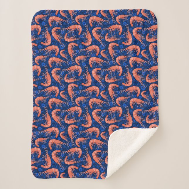 Shrimp Prawn Coral Ocean Bubble Nautical Navy Blue Sherpa Blanket (Front)