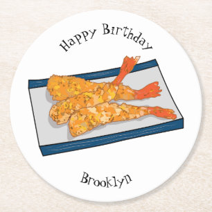 Shrimp tempura cartoon illustration round paper coaster
