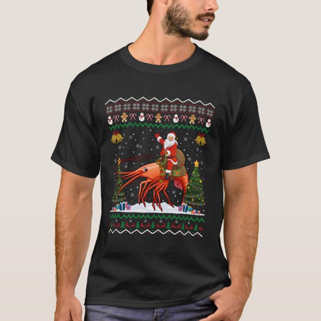 Shrimp Ugly Santa Riding Shrimp T-Shirt (Front)
