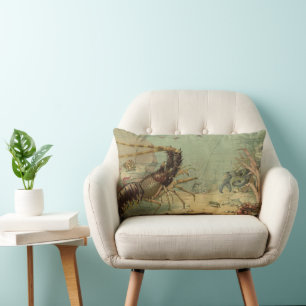 Shrimp, Underwater Sea Life, Vintage Ocean Animals Lumbar Cushion