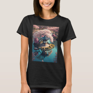 Shrine on a Japanese Garden Pond Cherry Blossoms T-Shirt