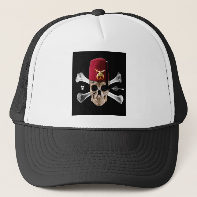 Shriner Masonic  Skull and Bones with Fez Trucker Hat (Front)