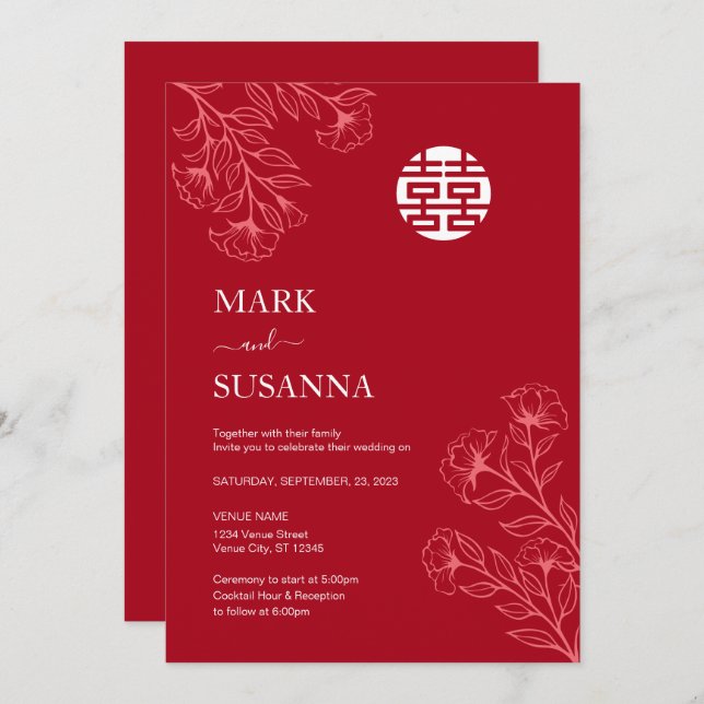Shuang Xi Floral Traditional Chinese Wedding Invitation (Front/Back)
