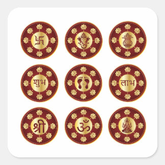 Shubh Labh Swastik Set of 9 Luxury Maroon Gold Square Sticker