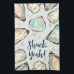 Shuck Yeah | Watercolor Pearl Oyster Tea Towel<br><div class="desc">This funny,  coastal chic kitchen towel features soft cream and aqua watercolor oyster and pearl illustrations,  with "Shuck Yeah!" in hand sketched script lettering. Perfect for beach houses,  coastal abodes,  or anyone who loves oysters and fresh shellfish.</div>