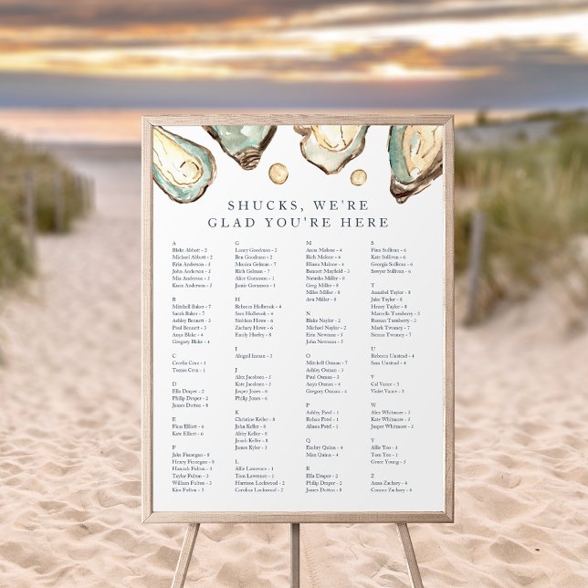 "Shucks" Coastal Oyster Alphabetical Seating Chart (Coastal oyster alphabetical wedding seating chart)