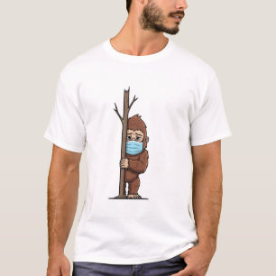 Shy Bigfoot in Medical Mask Peeking Behind T-Shirt