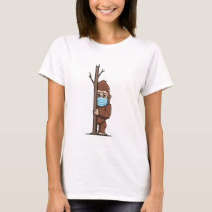 Shy Bigfoot in Medical Mask Peeking Behind T-Shirt