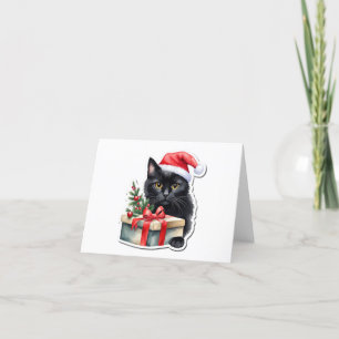 Shy Black Santa Kitten with Present BLANK  Holiday Card