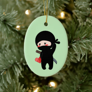 Shy Blushing Ninja Holding Origami Heart Green Ceramic Tree Decoration