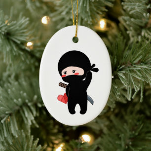 Shy Blushing Ninja Holding Origami Paper Heart Ceramic Tree Decoration