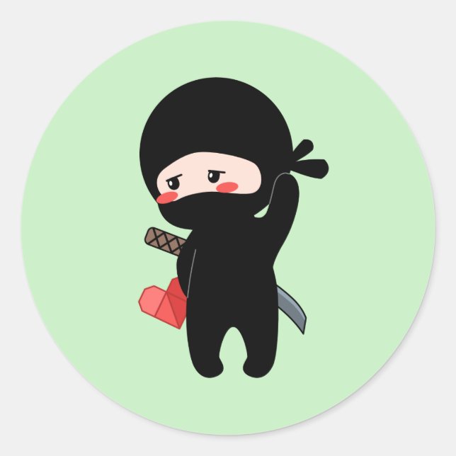 Shy Blushing Ninja Holding Origami Paper Heart Classic Round Sticker (Front)